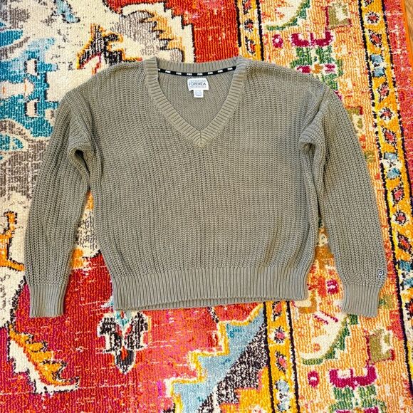 Victoria's Secret PINK x Forenza V-neck Pullover Slouchy Sweater Olive Green M - Picture 1 of 6